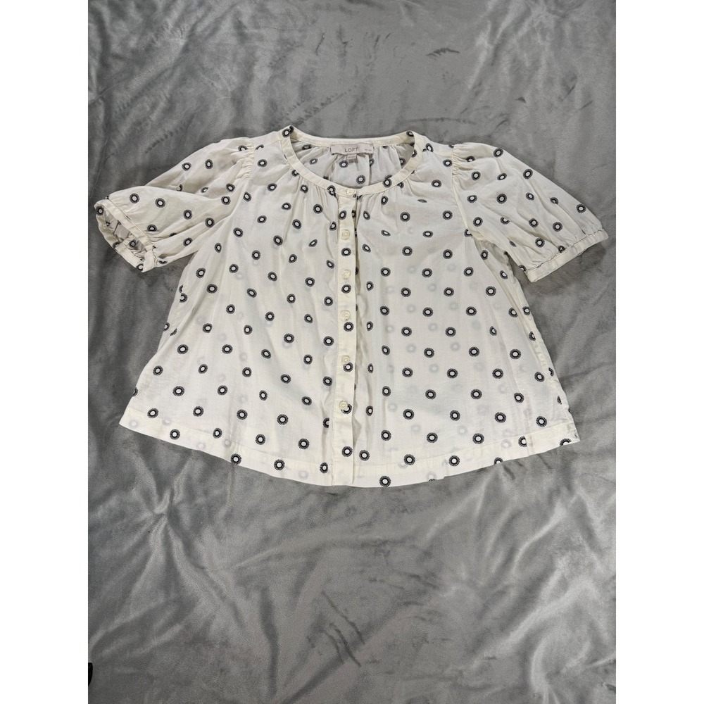 LOFT Petites White Black Eyelet Dot Short Sleeve V Neck Cotton Blouse Top SZ XSP